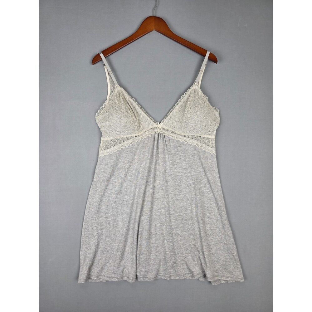Grey Soft Jersey Slip Dress Nightgown XL White Lace Molded Cups Lingere Teddy